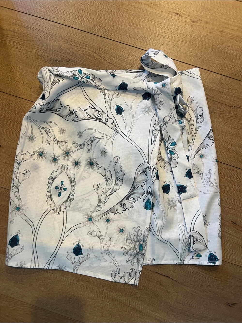 Commense White Swim Sarong with Teal Floral Accents